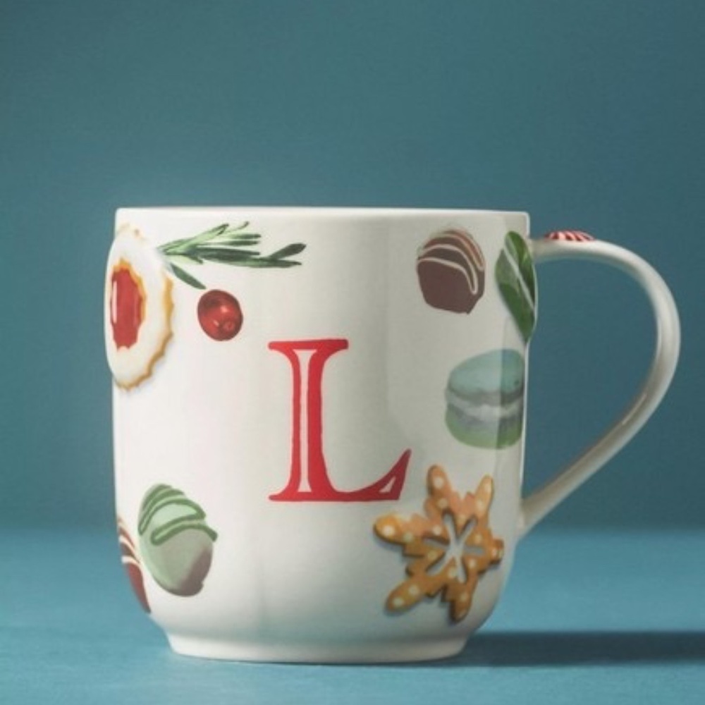 NWT Anthropologie HOLIFAYE STONEWARE MONOGRAM MUG Christmas L